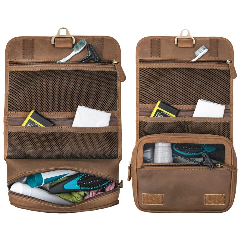 B-WARE "Arlo" Kulturtasche Leder zum Aufhängen Kulturbeutel