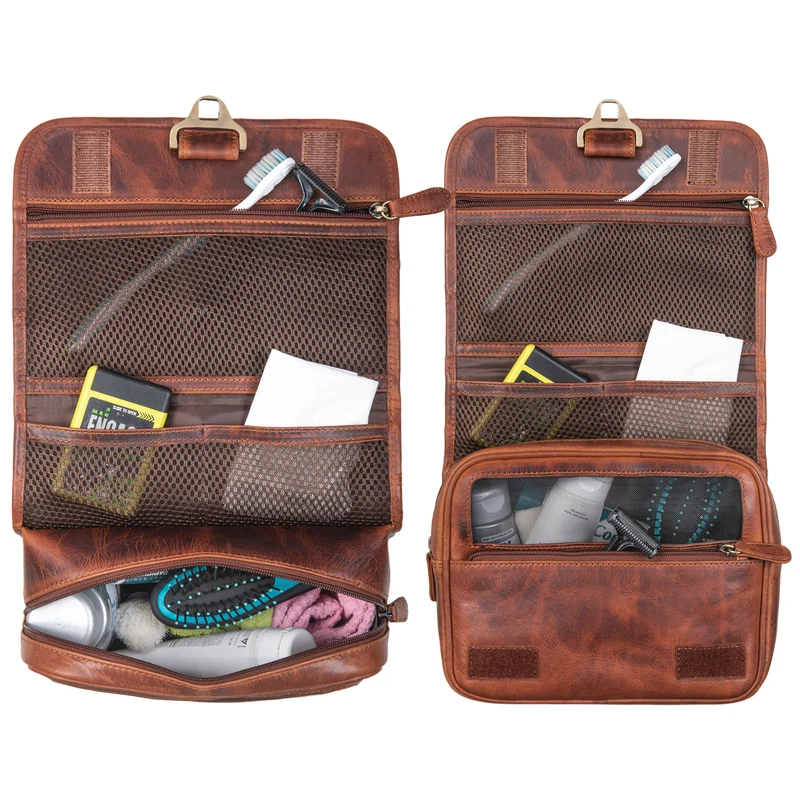 B-WARE "Arlo" Kulturtasche Leder zum Aufhängen Kulturbeutel
