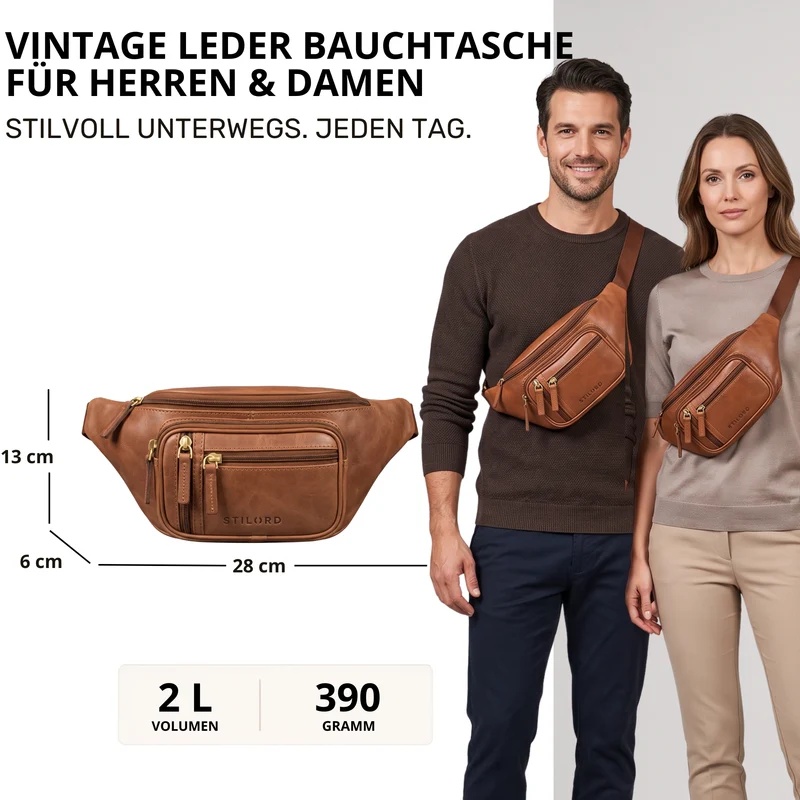 "Greg" Bauchtasche / Gürteltasche Echtes Leder für Damen Herren Groß