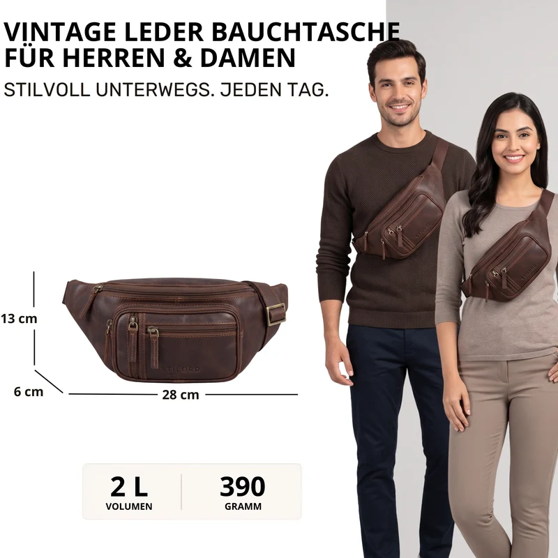 "Greg" Bauchtasche / Gürteltasche Echtes Leder für Damen Herren Groß