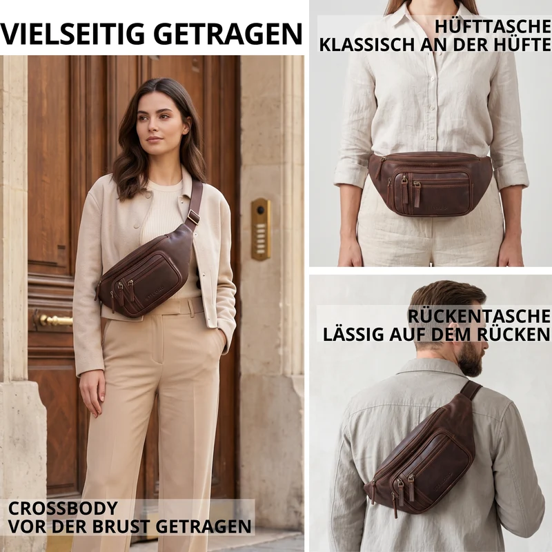 "Greg" Bauchtasche / Gürteltasche Echtes Leder für Damen Herren Groß