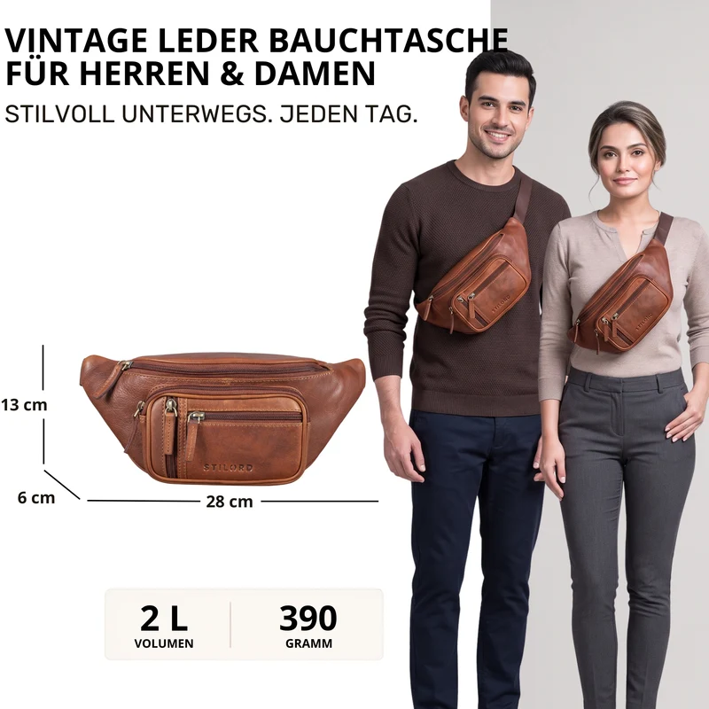 "Greg" Bauchtasche / Gürteltasche Echtes Leder für Damen Herren Groß