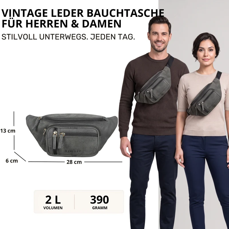 "Greg" Bauchtasche / Gürteltasche Echtes Leder für Damen Herren Groß