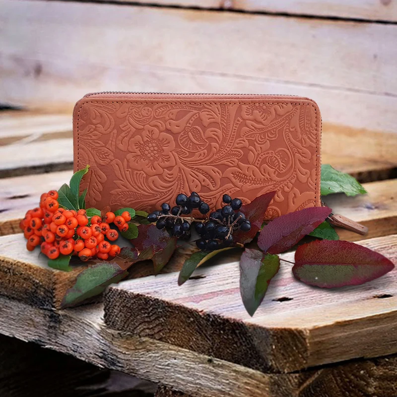 B-WARE "Flora" Portemonnaie mit Blumen Relief Geldbeutel Quer Leder