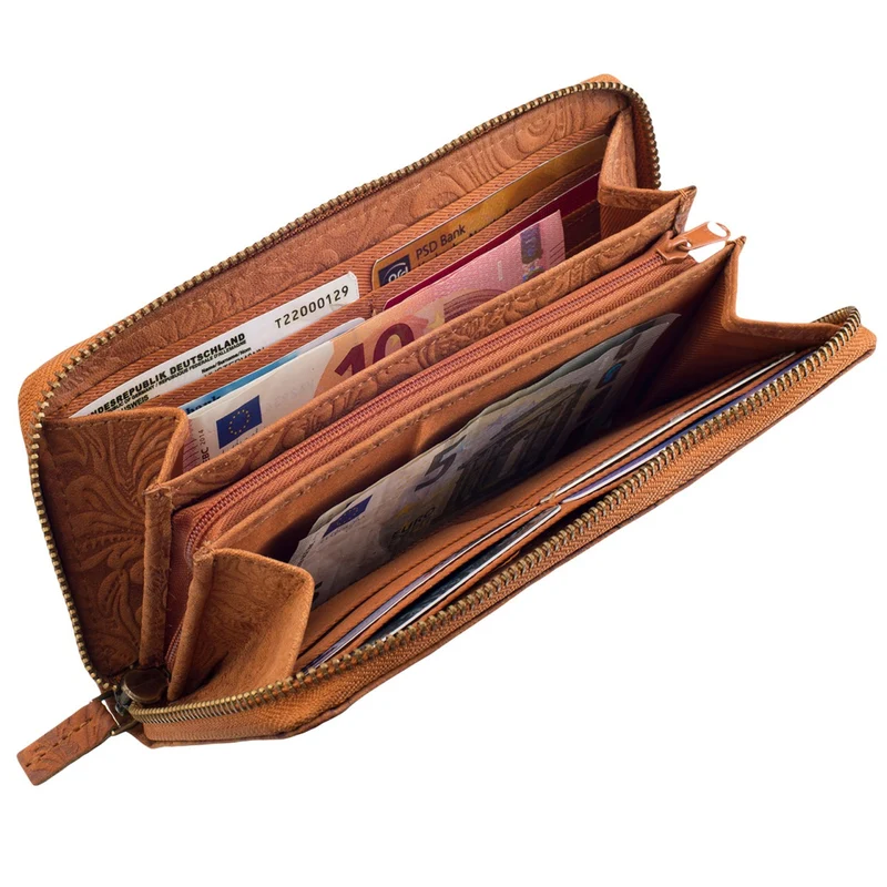 B-WARE "Flora" Portemonnaie mit Blumen Relief Geldbeutel Quer Leder