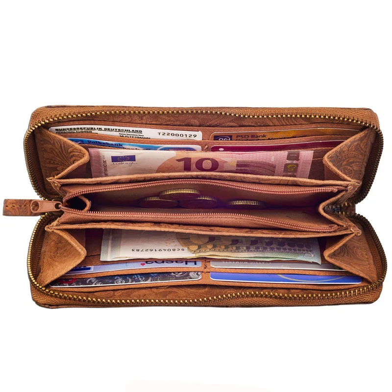 B-WARE "Flora" Portemonnaie mit Blumen Relief Geldbeutel Quer Leder