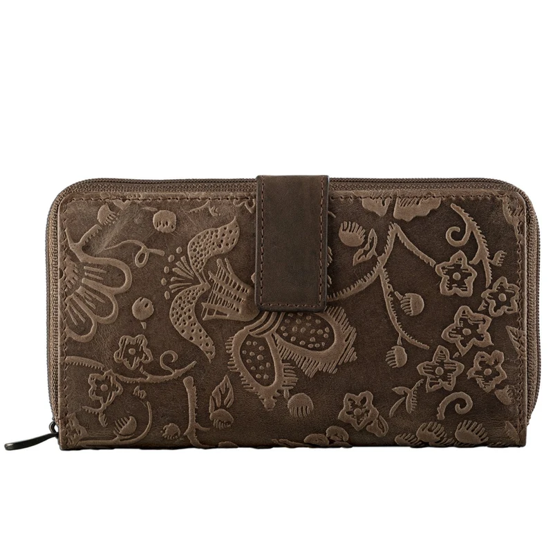 B-WARE Vintage Damen Portemonnaie 13 x EC Blumen Muster Leder braun