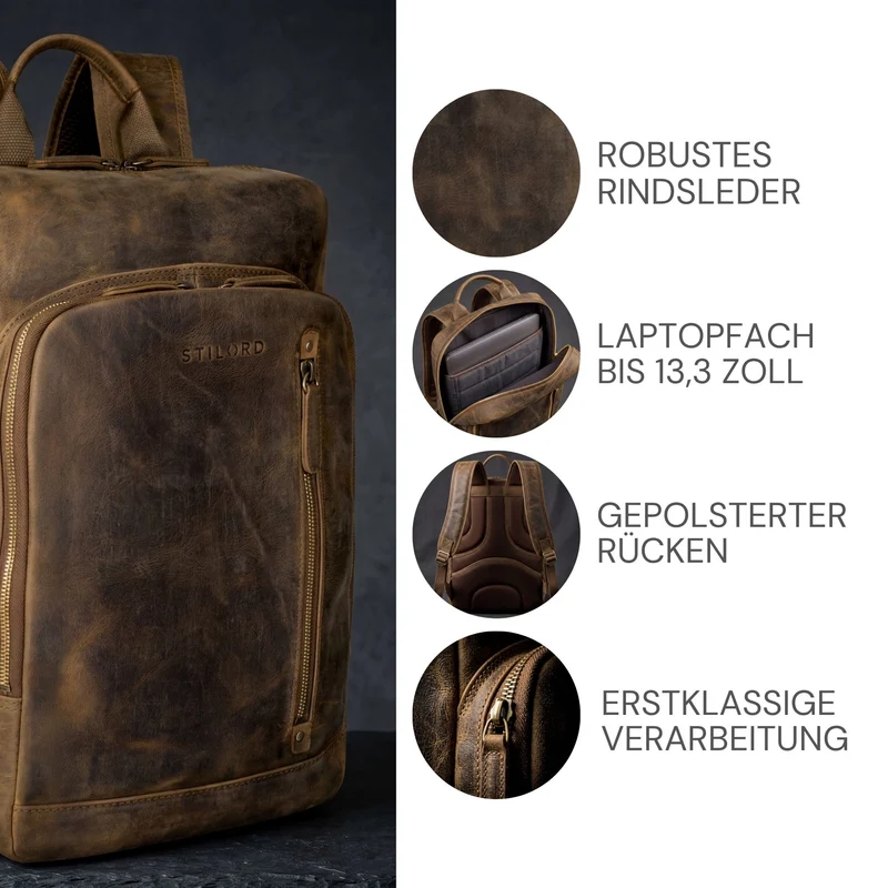 "Johnson" Lederrucksack Herren Business Vintage - Laptop Rucksack 13 Zoll Rindsleder