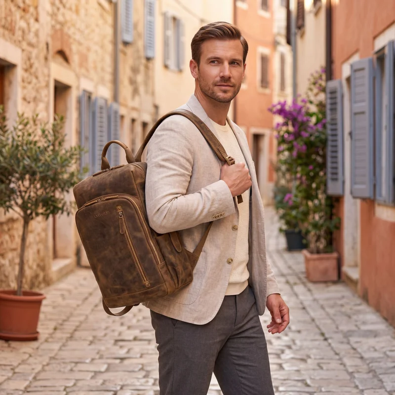 "Johnson" Lederrucksack Herren Business Vintage - Laptop Rucksack 13 Zoll Rindsleder