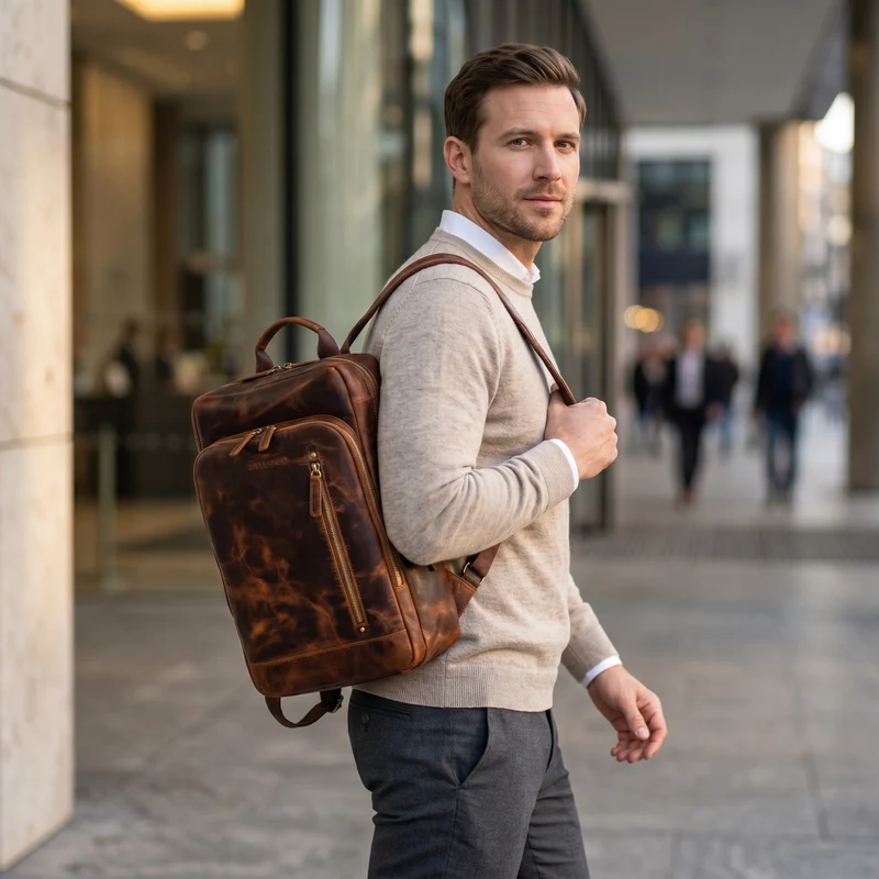 "Johnson" Lederrucksack Herren Business Vintage - Laptop Rucksack 13 Zoll Rindsleder