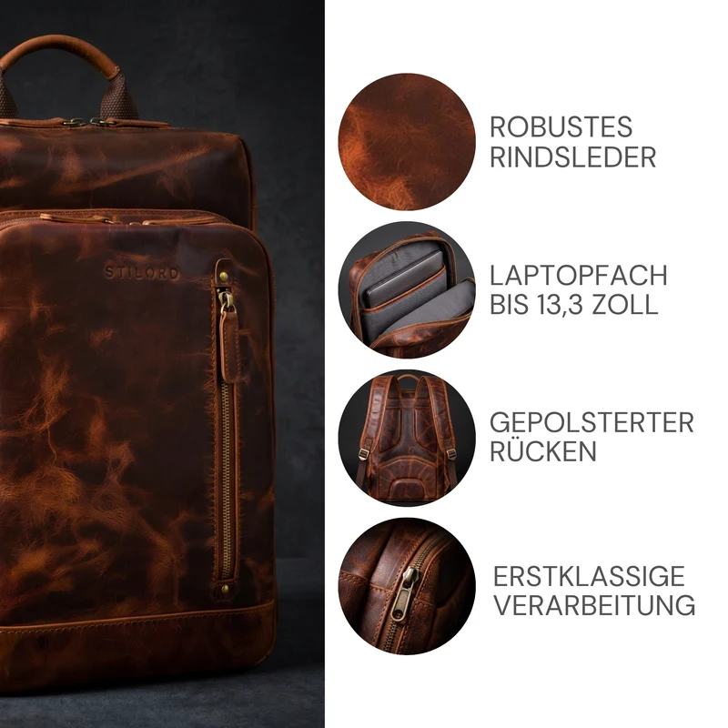 "Johnson" Lederrucksack Herren Business Vintage - Laptop Rucksack 13 Zoll Rindsleder