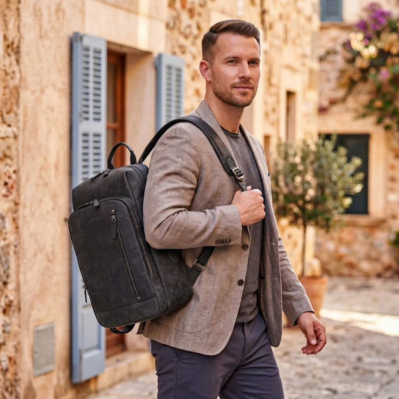 "Johnson" Lederrucksack Herren Business Vintage - Laptop Rucksack 13 Zoll Rindsleder