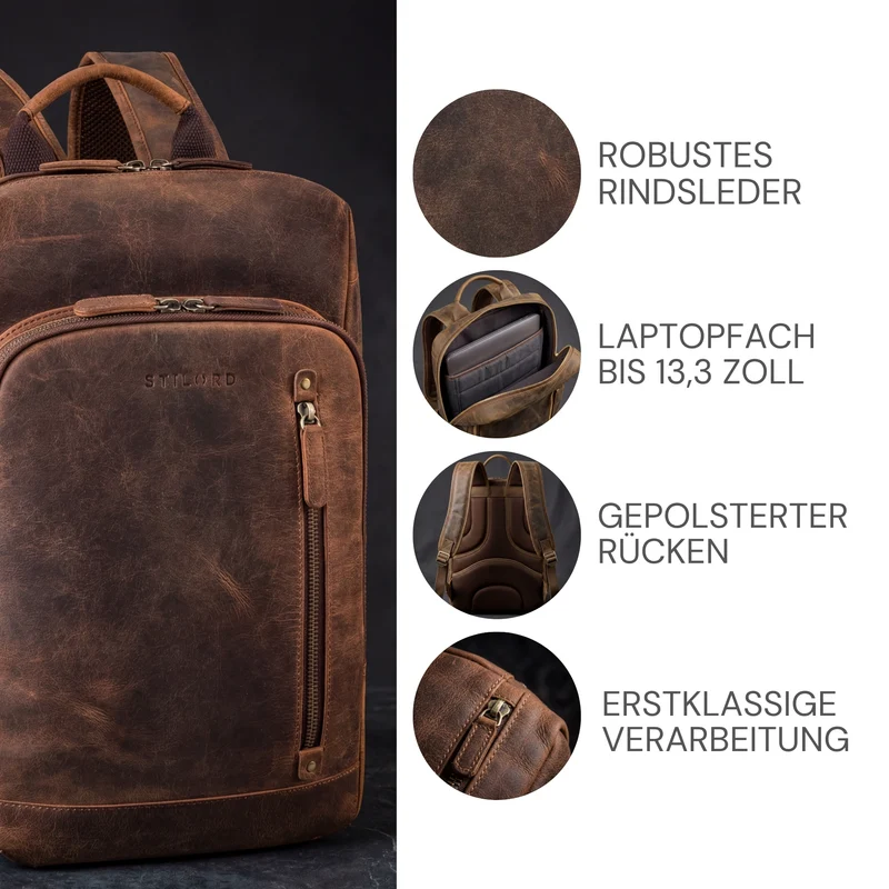 "Johnson" Lederrucksack Herren Business Vintage - Laptop Rucksack 13 Zoll Rindsleder