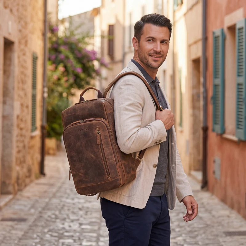 "Johnson" Lederrucksack Herren Business Vintage - Laptop Rucksack 13 Zoll Rindsleder