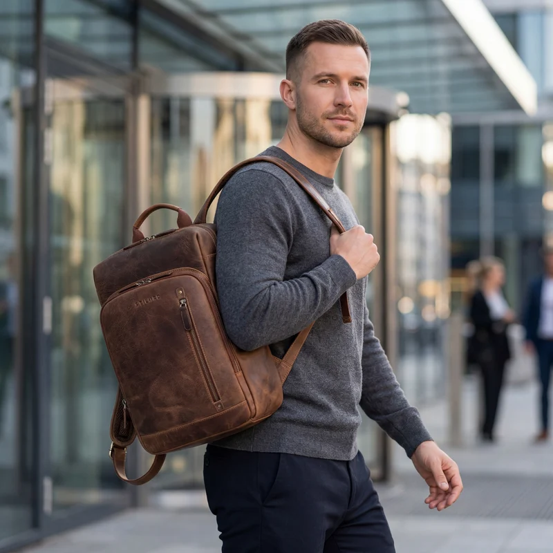 "Johnson" Lederrucksack Herren Business Vintage - Laptop Rucksack 13 Zoll Rindsleder