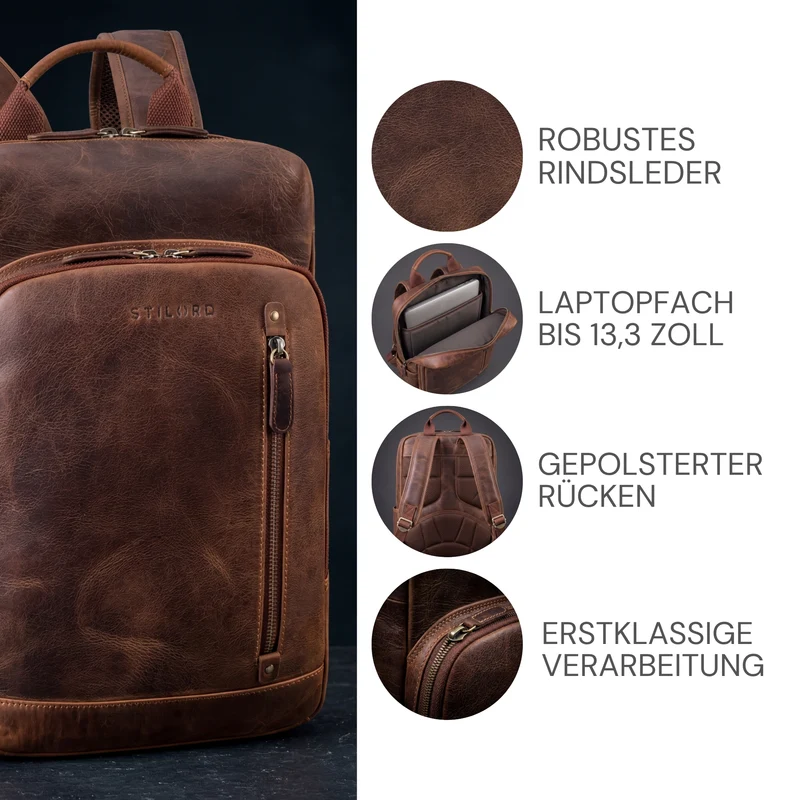 "Johnson" Lederrucksack Herren Business Vintage - Laptop Rucksack 13 Zoll Rindsleder