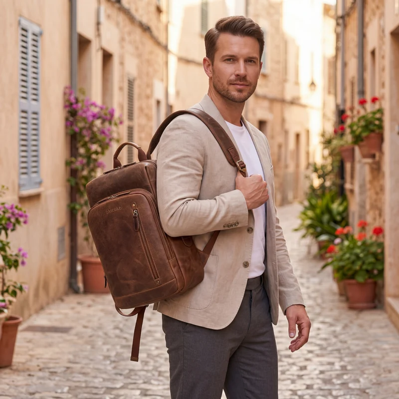 "Johnson" Lederrucksack Herren Business Vintage - Laptop Rucksack 13 Zoll Rindsleder