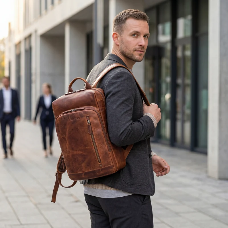 "Johnson" Lederrucksack Herren Business Vintage - Laptop Rucksack 13 Zoll Rindsleder