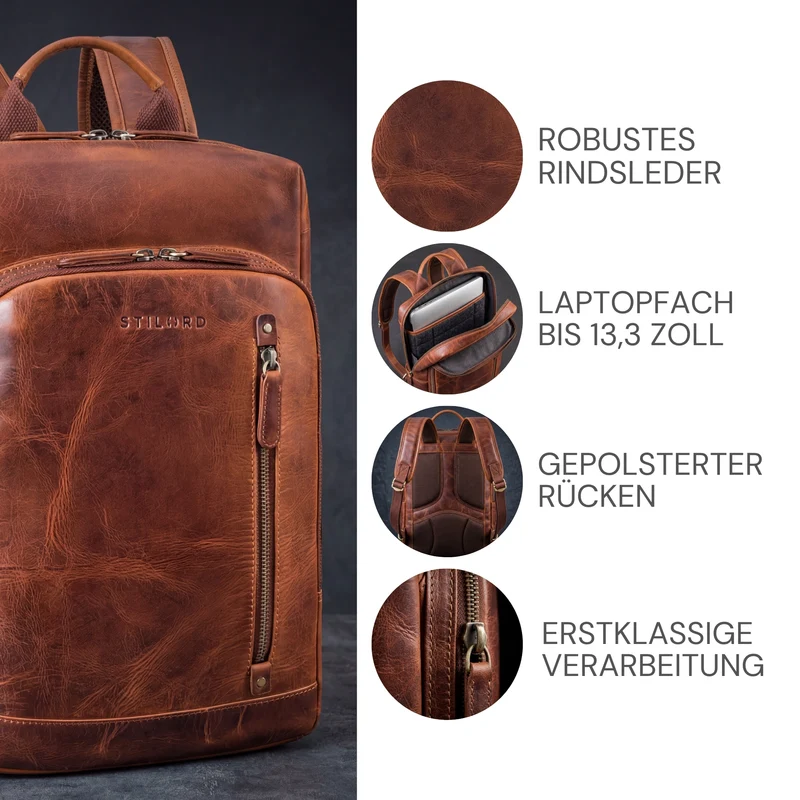 "Johnson" Lederrucksack Herren Business Vintage - Laptop Rucksack 13 Zoll Rindsleder