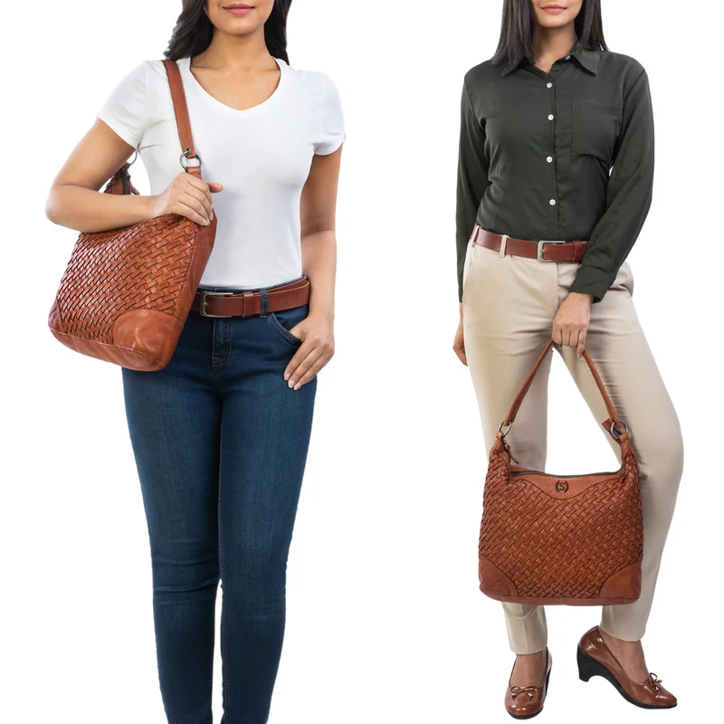 "Chiara" Damentasche Leder Cognac geflochten
