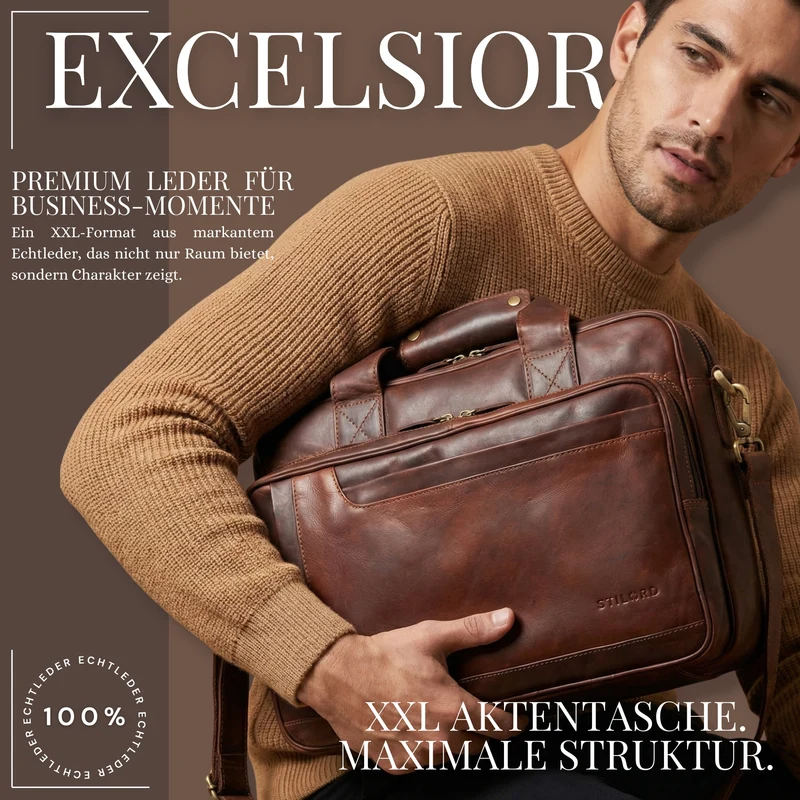 "Excelsior" XXL Aktentasche Herren Leder Große Laptoptasche 17+ Zoll