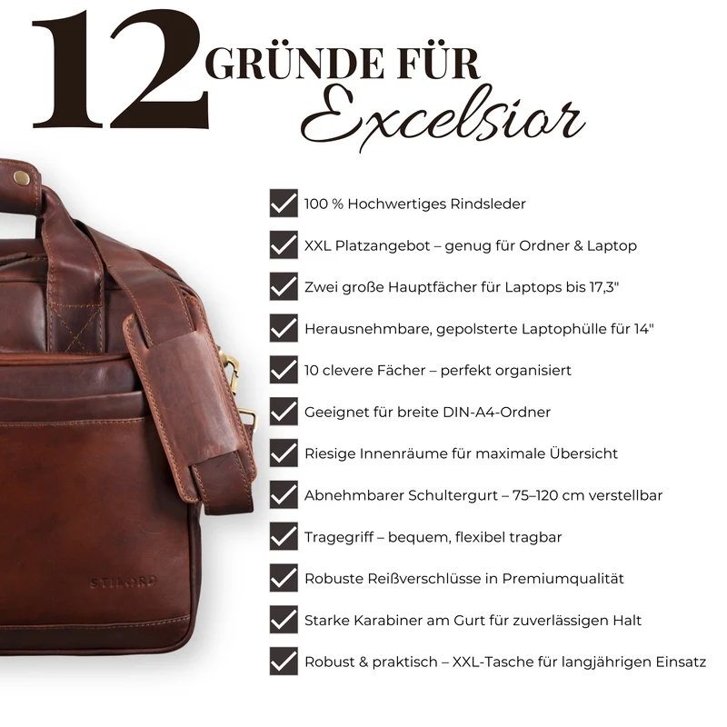"Excelsior" XXL Aktentasche Herren Leder Große Laptoptasche 17+ Zoll