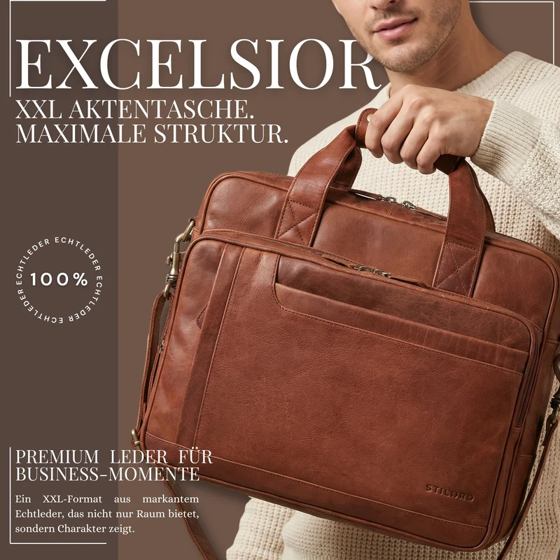 "Excelsior" XXL Aktentasche Herren Leder Große Laptoptasche 17+ Zoll