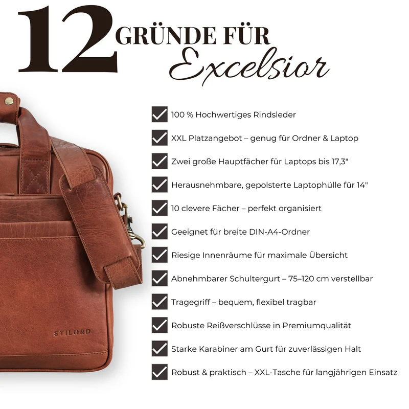 "Excelsior" XXL Aktentasche Herren Leder Große Laptoptasche 17+ Zoll