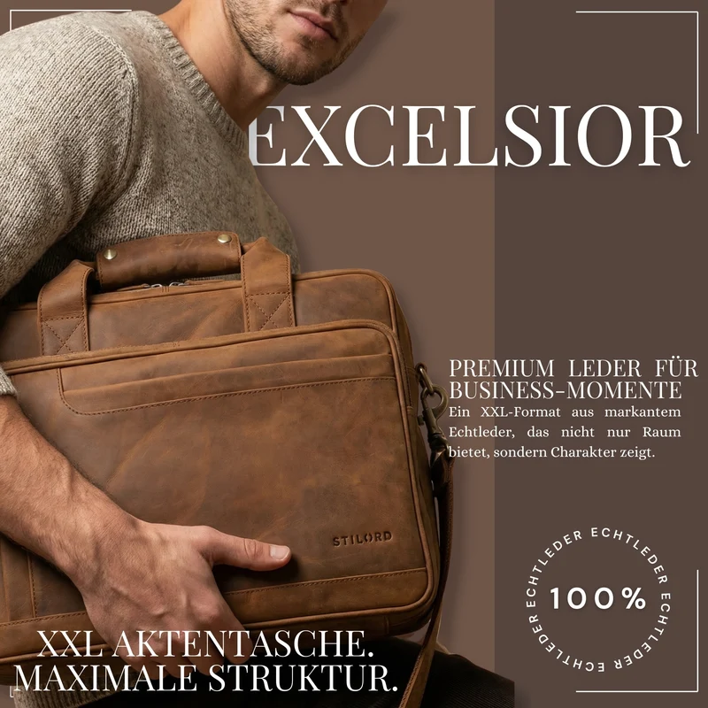 "Excelsior" XXL Aktentasche Herren Leder Große Laptoptasche 17+ Zoll