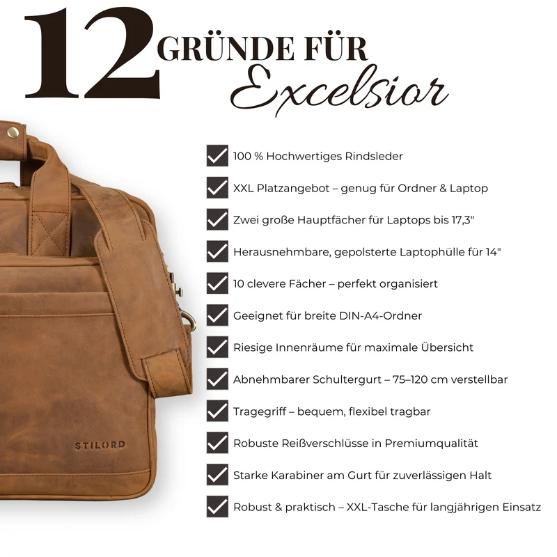 "Excelsior" XXL Aktentasche Herren Leder Große Laptoptasche 17+ Zoll