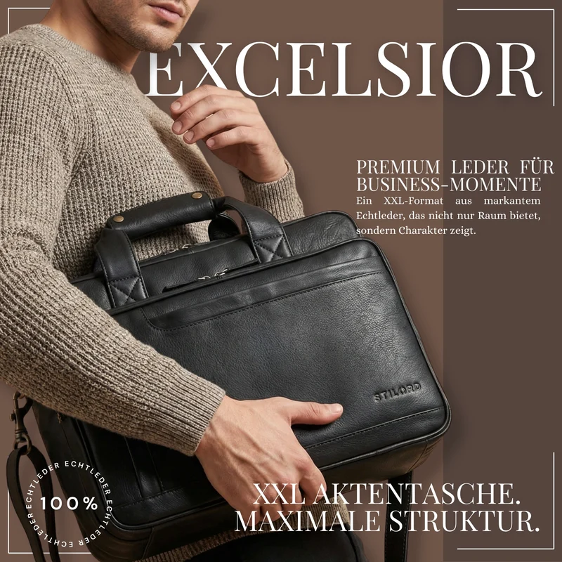 "Excelsior" XXL Aktentasche Herren Leder Große Laptoptasche 17+ Zoll