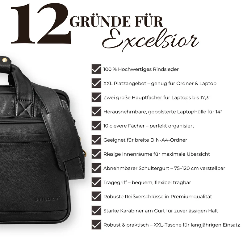 "Excelsior" XXL Aktentasche Herren Leder Große Laptoptasche 17+ Zoll