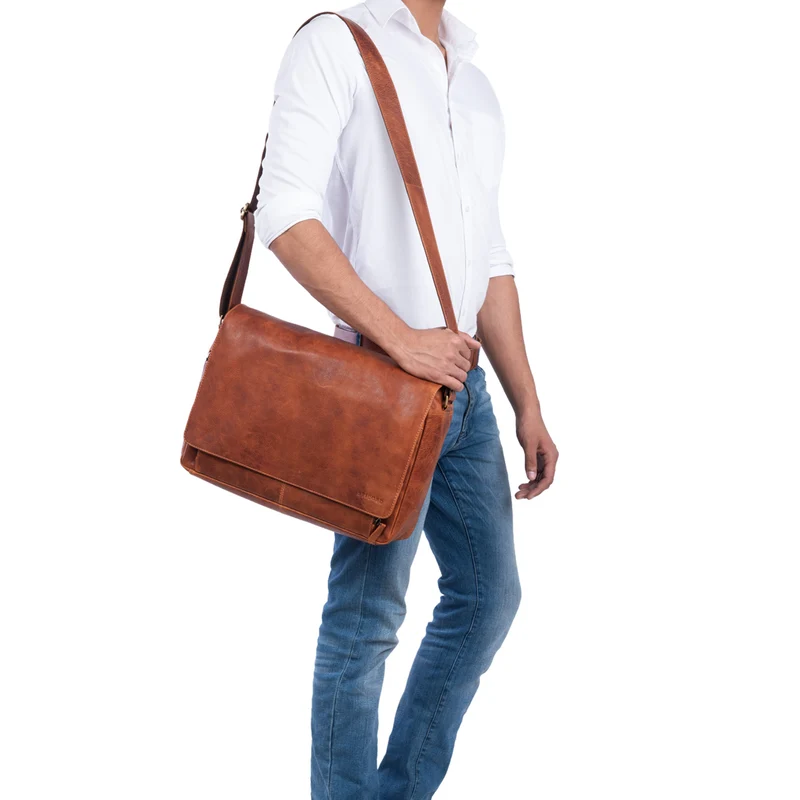 "Tom" Vintage Leder Umhängetasche mit 15 Zoll Laptopfach für Damen und Herren