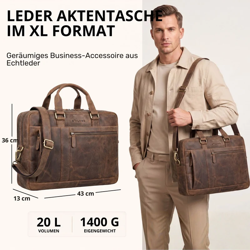 "Nico" Große Businesstasche aus Hochwertigem Leder 15.6 Zoll