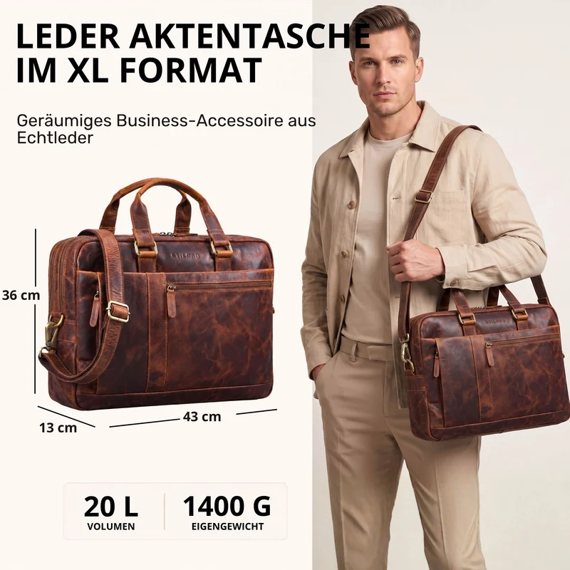 "Nico" Große Businesstasche aus Hochwertigem Leder 15.6 Zoll