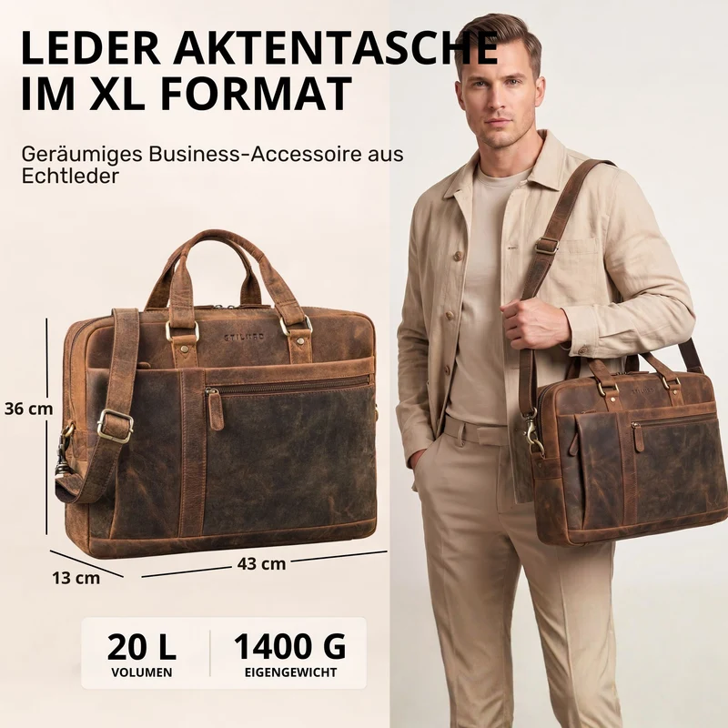 "Nico" Große Businesstasche aus Hochwertigem Leder 15.6 Zoll