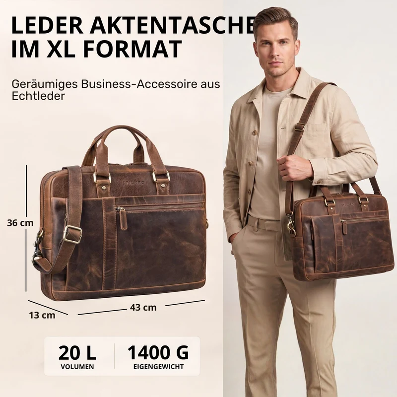 "Nico" Große Businesstasche aus Hochwertigem Leder 15.6 Zoll