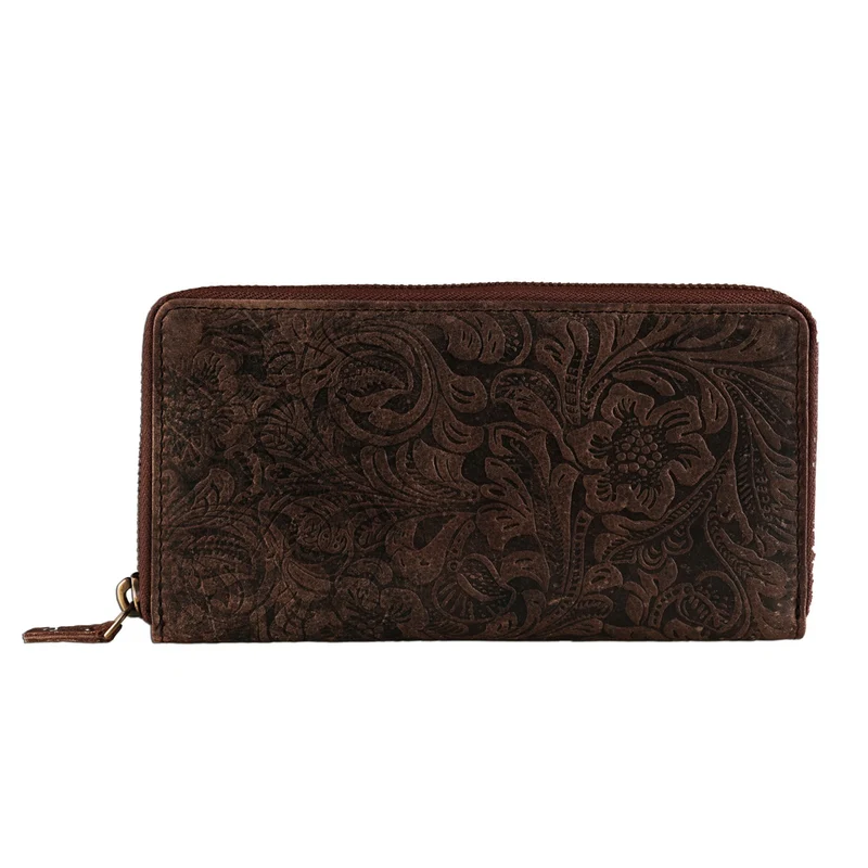 Portemonnaie mit Blumen Relief Geldbeutel Querformat Leder braun