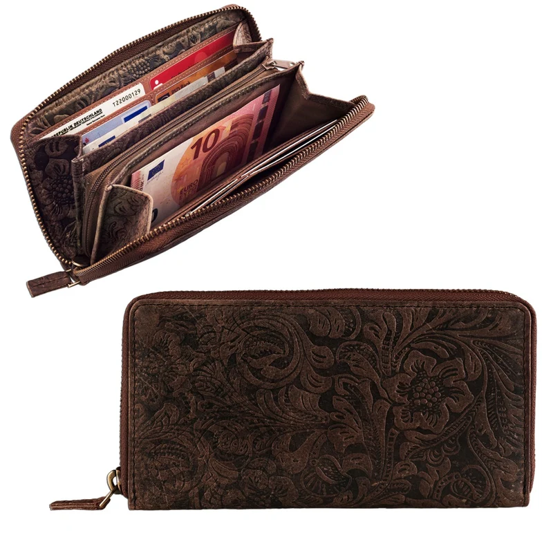 Portemonnaie mit Blumen Relief Geldbeutel Querformat Leder braun