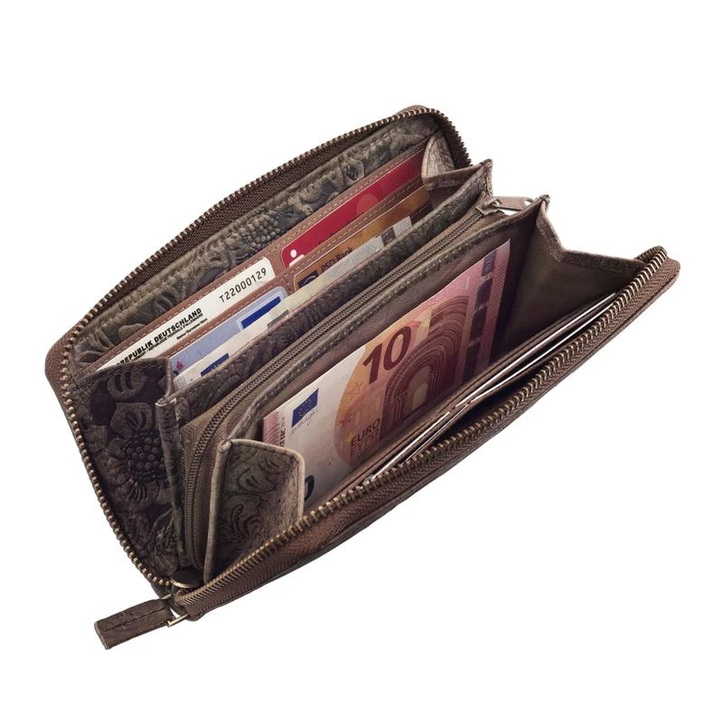 Portemonnaie mit Blumen Relief Geldbeutel Querformat Leder braun