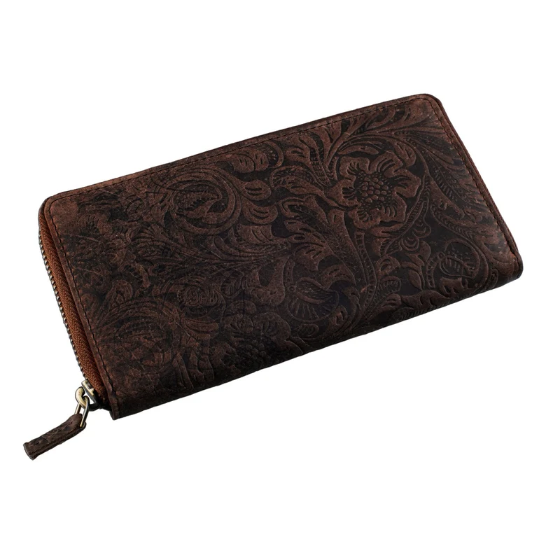 Portemonnaie mit Blumen Relief Geldbeutel Querformat Leder braun