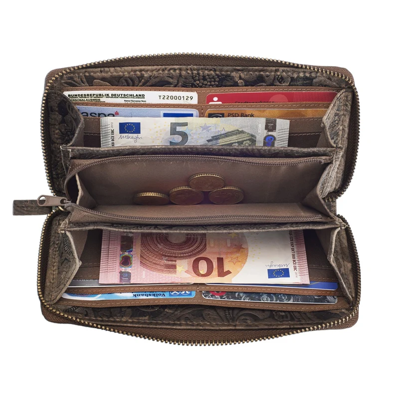 Portemonnaie mit Blumen Relief Geldbeutel Querformat Leder braun