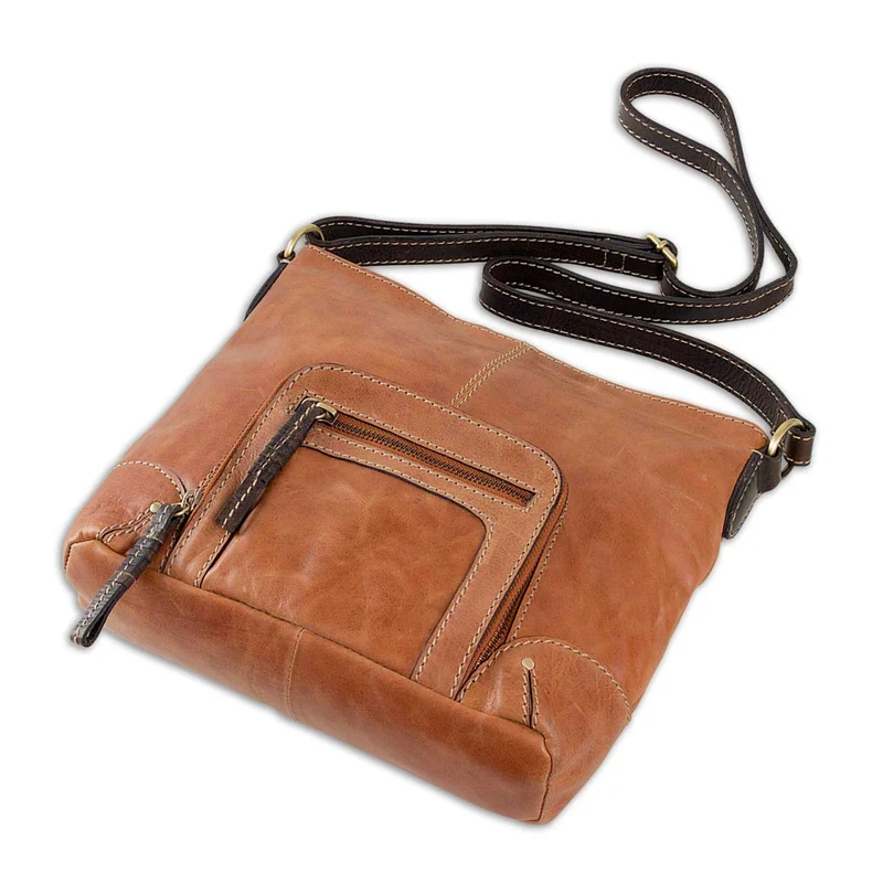 Kleine Vintage Damen Umhängetasche aus Leder braun