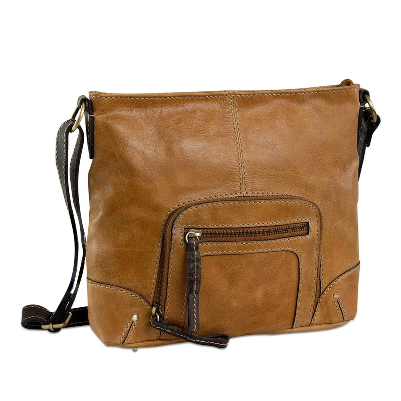 Damen Umhängetasche klein Handtasche Leder Cognac Braun