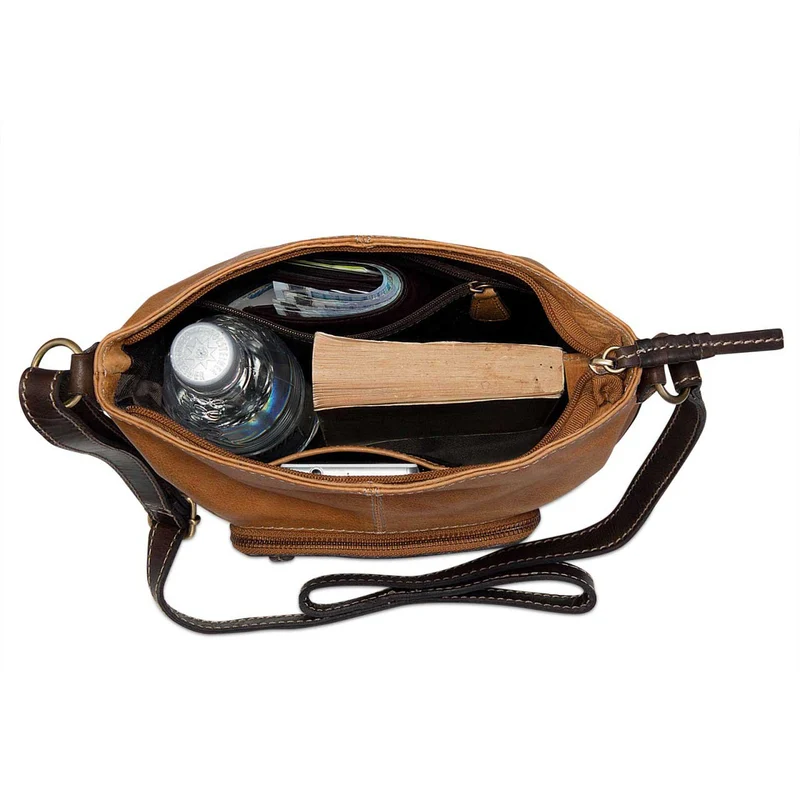 Damen Umhängetasche klein Handtasche Leder Cognac Braun