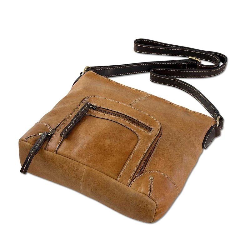 Damen Umhängetasche klein Handtasche Leder Cognac Braun