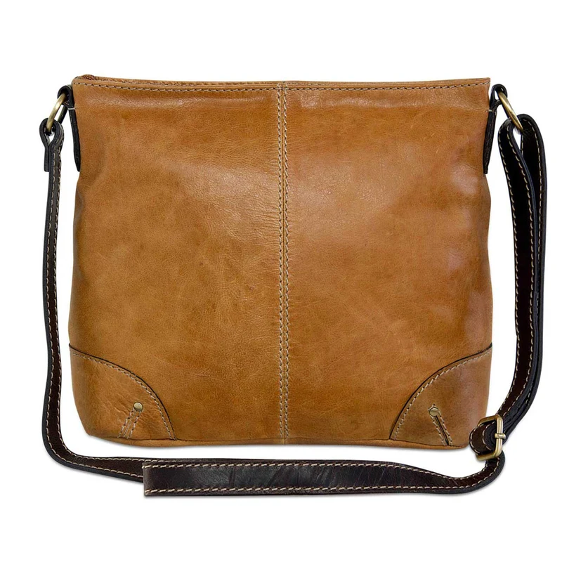 Damen Umhängetasche klein Handtasche Leder Cognac Braun
