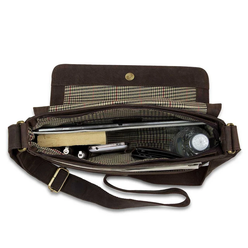 Messenger Bag kompakt Herren Umhängetasche Tablet Leder Braun