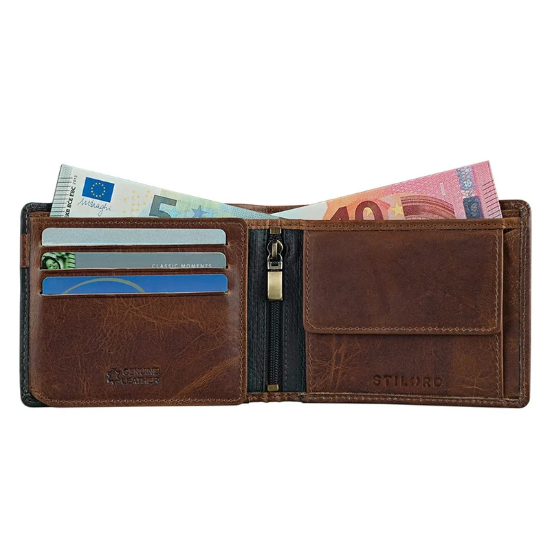 Herren Portemonnaie aus Leder Geldbörse Vintage Leder Braun-Schwarz