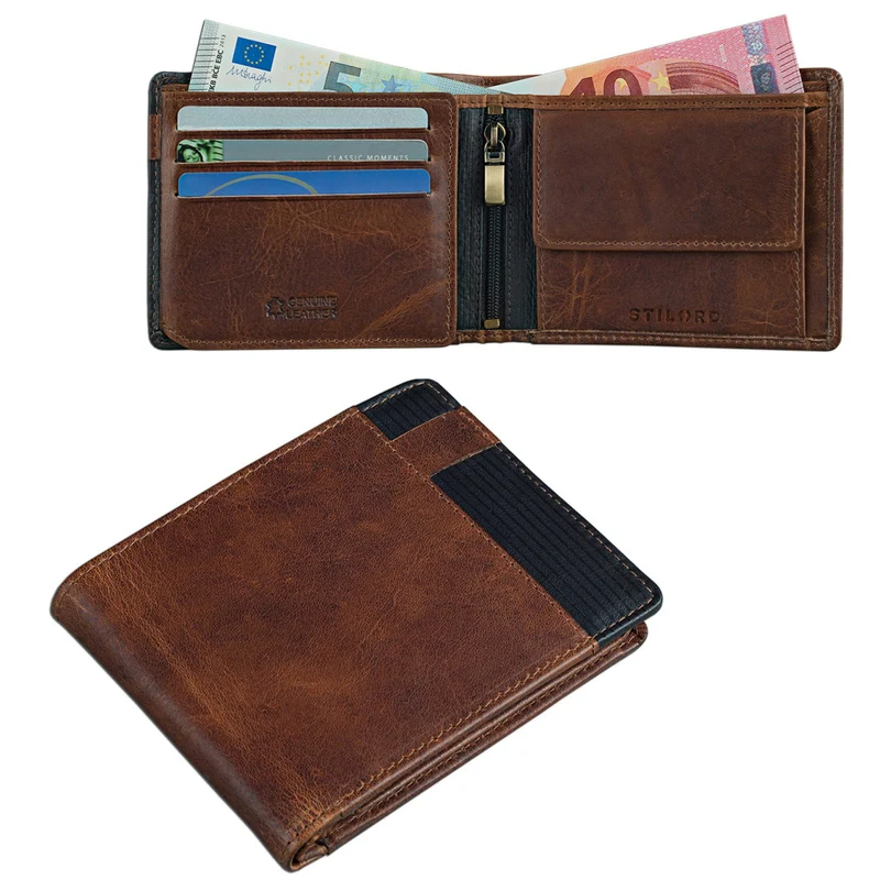 Herren Portemonnaie aus Leder Geldbörse Vintage Leder Braun-Schwarz